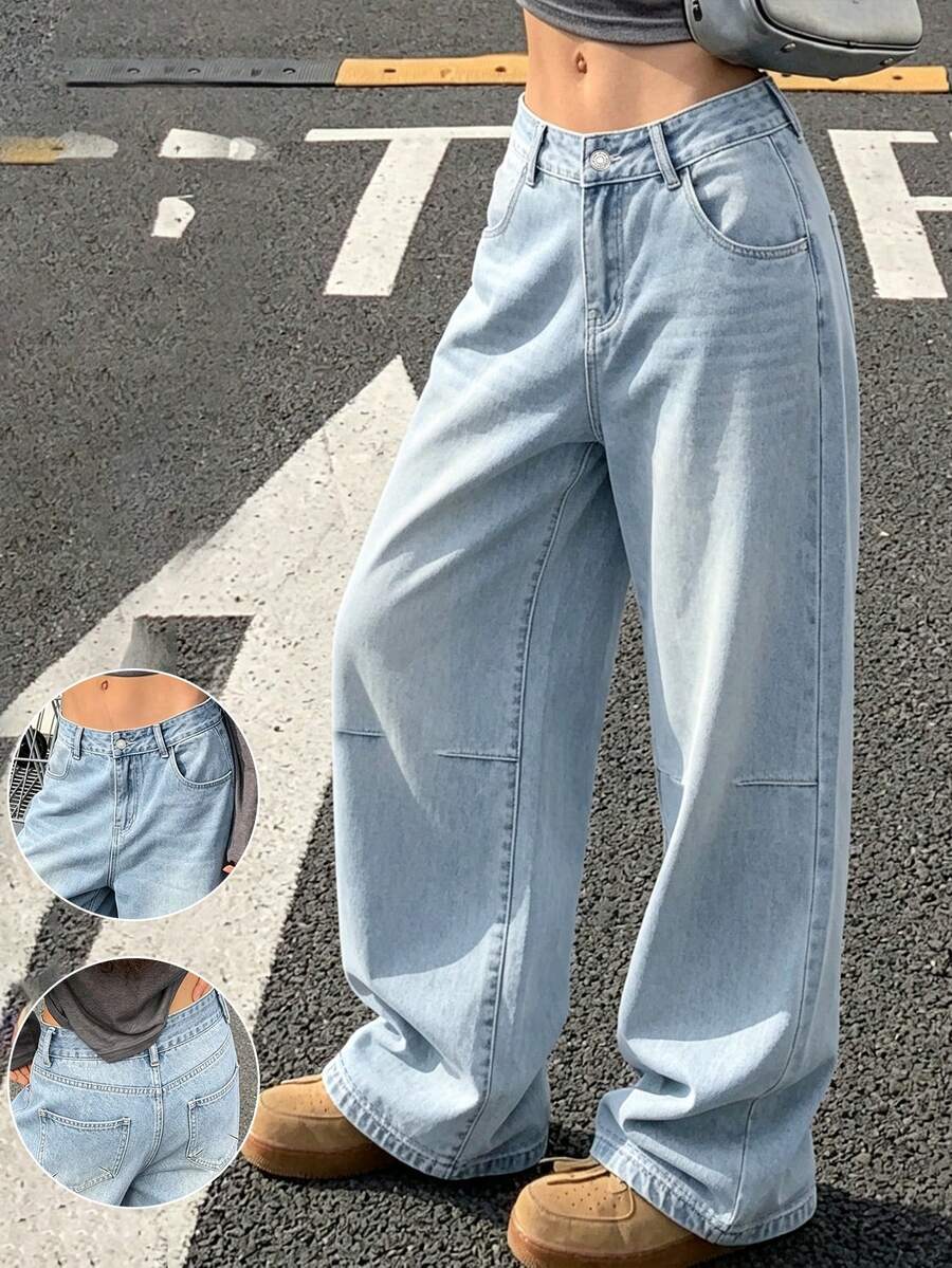 女款淺藍色直筒牛仔褲 休閒水洗寬鬆牛仔褲 Y2K 度假風 優雅復古街頭風 秋冬 - 淺色水洗藍 - 查看 1