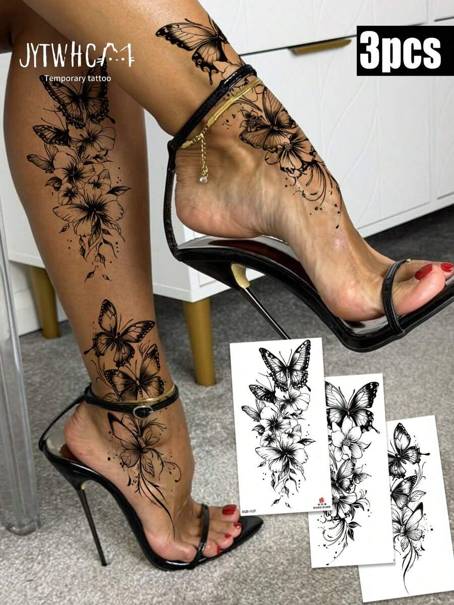 3pcs Waterproof Temporary Tattoo Sticker, Printed Gothic Ink Splatter Butterfly Pattern With Flowing Vine Details, Long Lasting Body Art Sticker For Women, Fit For Party & Daily Wear On Arm, Waist, Leg, Ankle - Black - View 1