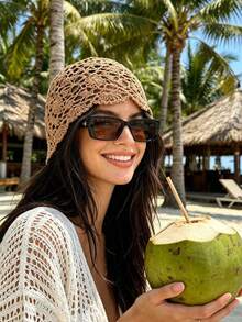 OBOVAY 1pc Women's Spring/Summer Thin Handmade Hollow Knit Hat, Bohemian Photo Decoration Hollow Beanie, Suitable For Daily Street Wear And Vacation, Shell Color Random - Multicolor - View 4