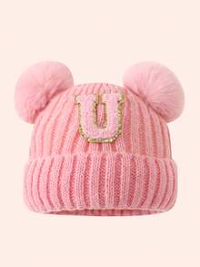 1pc Pink Kids Hat 26 Letters Baby Knitted Cap Boys Girls Warm Beanie Suitable For Outdoor Travel Daily Wear - Pink Gold Logo On Crown - Pink Double Ball Cap - View 21