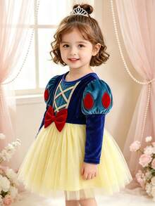 Baby Girl Velvet Fabric With Double Layer Tulle Puff Dress, Embroidered Puff Sleeve Design, Perfect For Spring And Autumn Daily Wear, Birthday, Fairy Tale Theme Party, Also A Thoughtful Gift For Baby - Blue - View 2