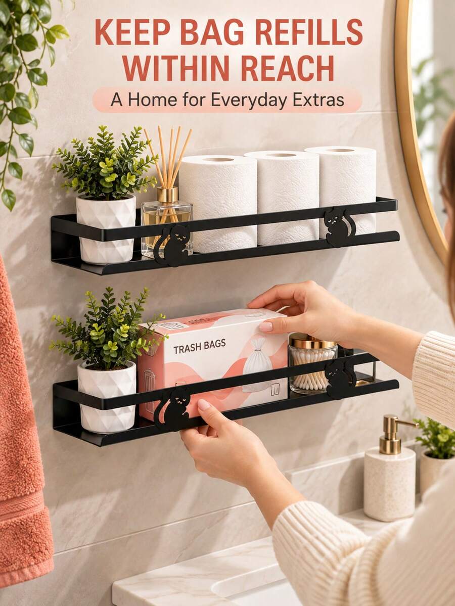 1pc Bathroom Wall-Mounted Matte Black Shower Caddy, No-Drill Installation Floating Metal Storage Rack, Suitable For Above Toilet And Sink, Multi-Functional Hanging Basket, Home Decor And Space Expansion, Storage Rack (2 Styles Randomly Shipped) - Multicolor - View 1