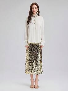 Rich Radi Q's Women's Elegant White Ruffle Collar Blouse, Rhinestone Embellished, Long Sleeve Woven Fabric Top, Fashionable Autumn Outfit - White - View 4