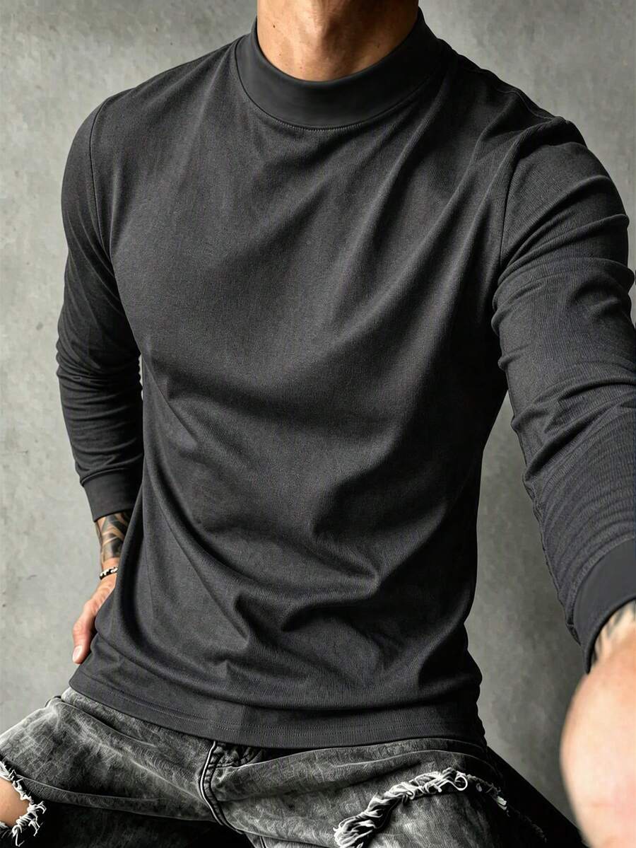 Men's Spring Autumn Fashion Casual Minimalist Solid Color Mock Neck T-Shirt - Dark Grey - View 1