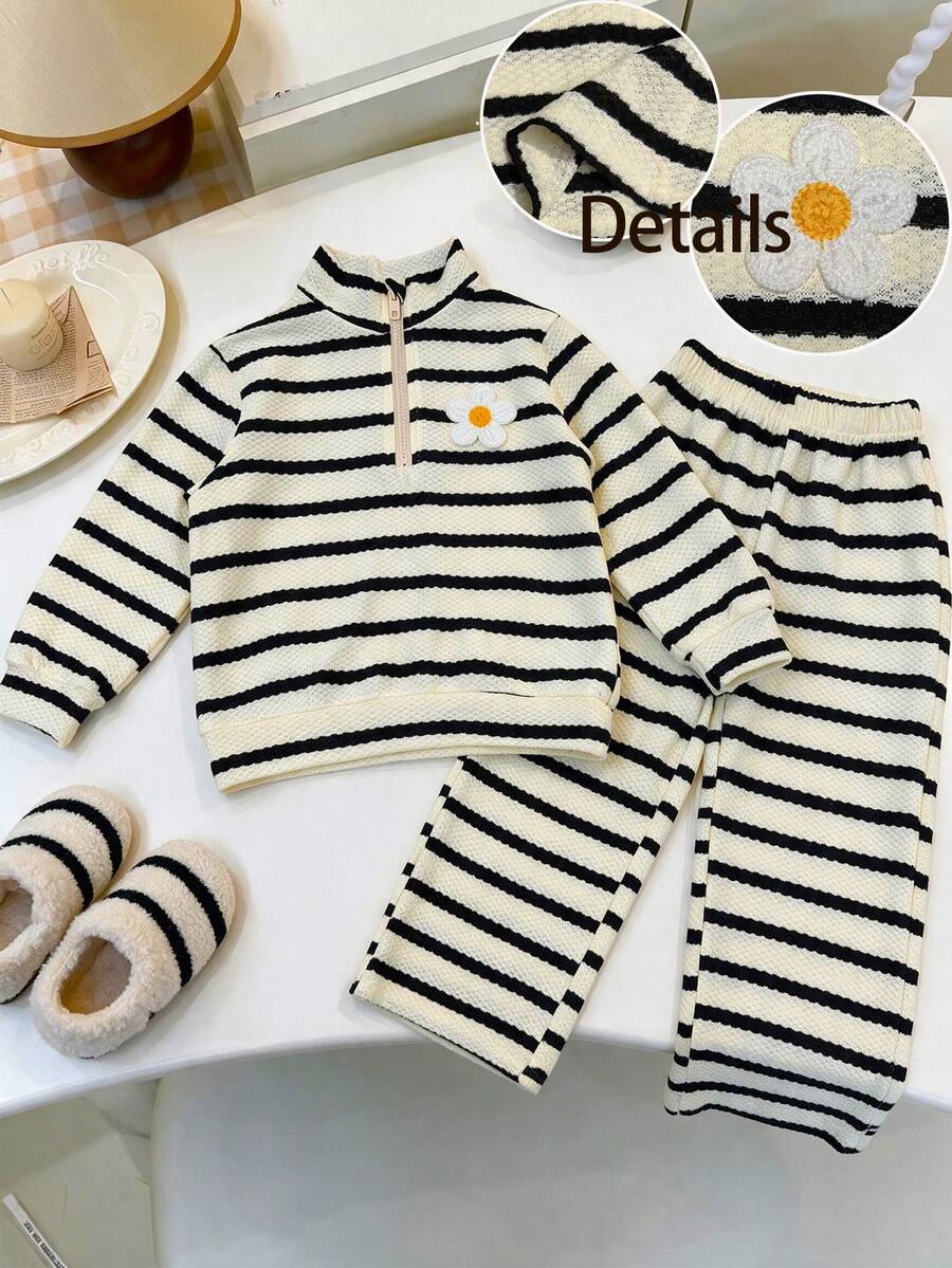 Lurzo Playful Companion Girl Waffle Striped Flower Set 2 Pieces Autumn Striped Long Sleeve Stand Collar Half Zipper Top With Straight Pants For Casual Autumn - Apricot - View 1