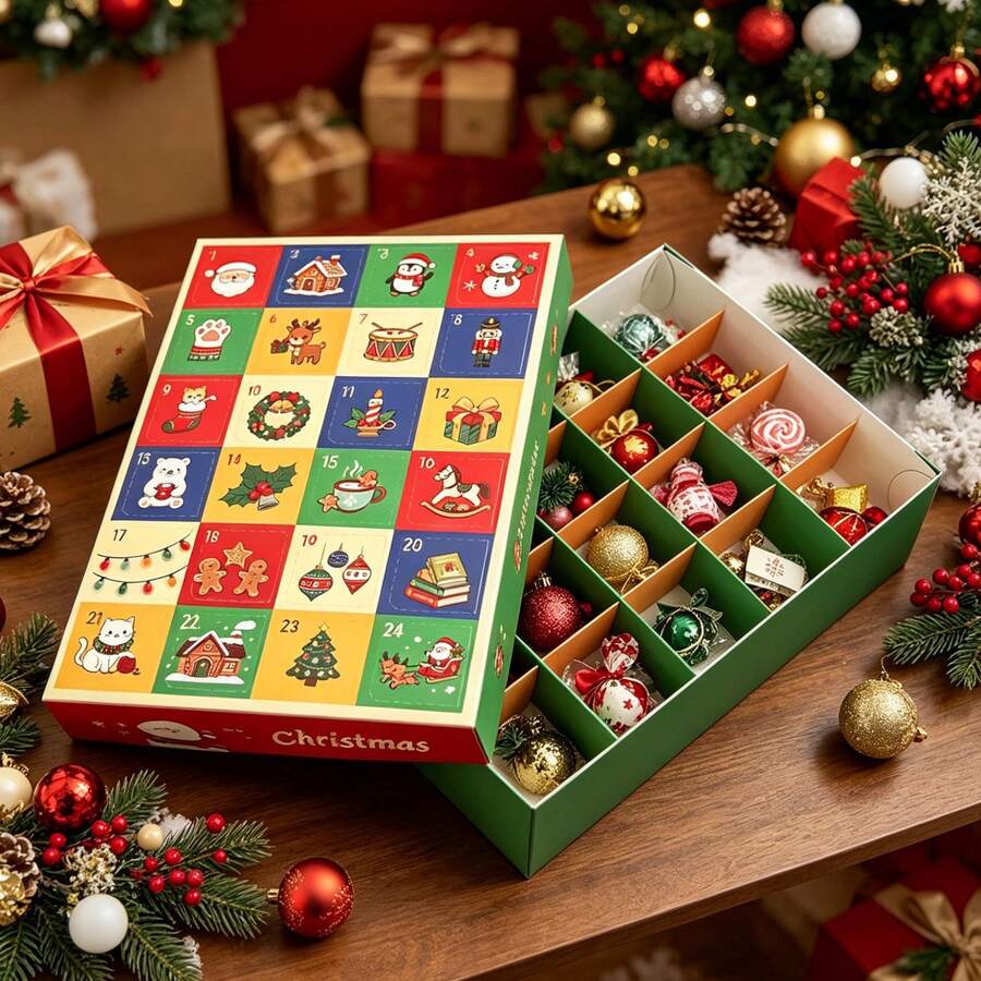 24pcs/1set New Christmas DIY Surprise Button Box, 24-Slot Christmas Advent Calendar Fun Punch Box - A - View 1