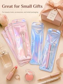 100pcs Holographic Laser Silver And Rose Gold Zipper Gift Bags, Reusable Sealable Packaging For Small Business, Suitable For Makeup Brushes, Pens, Lipsticks And Jewelry, Perfect For Back To School And Valentine's Day - Laser-cut Pencil Case - View 2