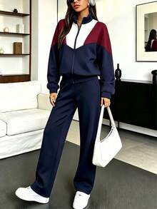 Women 2 Pcs Color Block Tracksuit Set, Zip Up Stand Collar Jacket & Wide Leg Pants, Casual Sporty Fall Outfit, Streetwear Matching Set, Everyday Wear - Navy - View 1