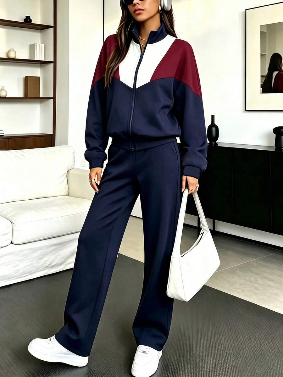 Women 2 Pcs Color Block Tracksuit Set, Zip Up Stand Collar Jacket & Wide Leg Pants, Casual Sporty Fall Outfit, Streetwear Matching Set, Everyday Wear - Navy - View 1