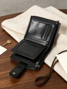Wcarno Minimalist Fashion Vintage Style Coin Purse With Bill Compartment, Multi-Function Wallet - Black - View 6