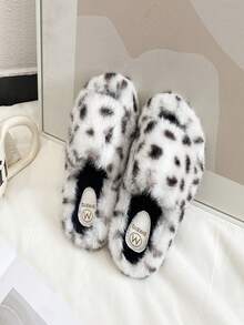 1 Pair Leopard Print Fluffy Slippers Open Toe Plush Slides For Girl Casual Home Bedroom Indoor Daily Wear - White - View 3
