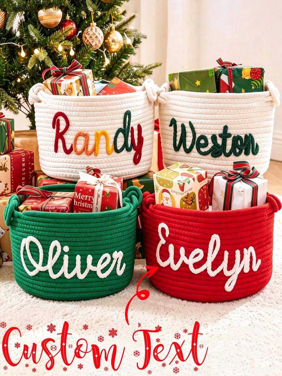 Custom Made Personalized Christmas Gift Basket, Crochet Rope Basket, Holiday Decor,Xmas Eve Basket, Organizer Christmas Gift Storage Basket - Multicolor - View 1