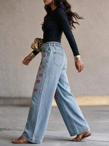 Spring Autumn Winter Versatile Fashion Casual Elegant Holiday Daily Date Travel Airport Outfit Denim Women's Printed Design Washed Straight Leg Long Pants - Blue - View 7