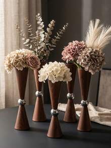 Wood GrainVase, Silver Metal Ball Center Decor, Concave Conical Tall Table Vase, Modern Minimalist Desktop Centerpiece, Living Room Bedroom Decor, Wedding Housewarming Gift - Classic Vintage Style - View 4