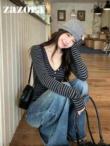 Korean Style Button Half-Open V-Neck Striped Colorblock Long Sleeve T-Shirt Autumn Clothing - Black - View 5