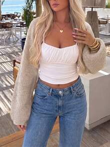 Women's Casual Cute Y2K Rib Crop Minimalist Knitted Sweater Cardigan Spring Fall Going Out Outfits Clothes Back To School Date Festival Long Sleeve - White - View 10