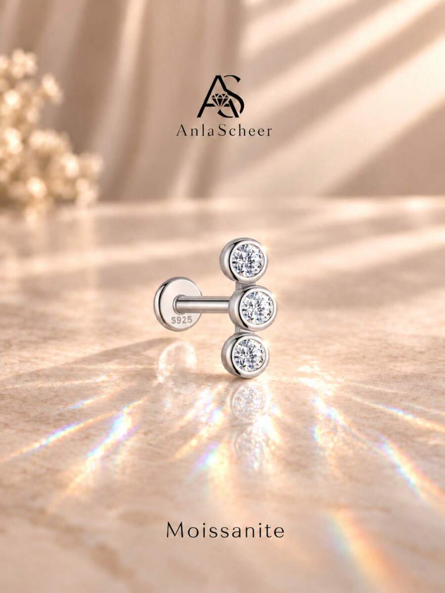 AnlaScheer 1件精緻時尚925純銀三石平背耳軟骨耳釘,低過敏性,適合女性與女孩日常配戴,日間婚禮派對禮物 - 銀色 - 查看 1