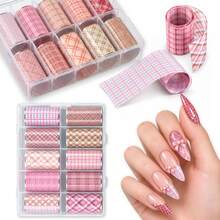 Fall Nail Stickers 10 Rolls Pink Plaid Pattern Nail Transfer Paper, Korean And Japanese Style Grid Pattern Nail Stickers, Cute Classic Plaid Pattern Boxed Nail Decoration, Japanese Kawaii Nail DIY Supplies - Multicolor - View 2