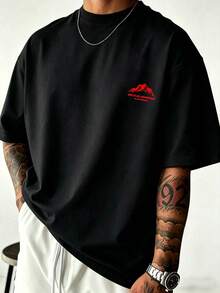 [Men's Plus Size] Men's Simple Casual Mountain Print Short Sleeve T-Shirt | Exquisite Craftsmanship | Summer Essential | Versatile And Easy To Match, Showcasing Your Style | Lightweight And Sheer Fabric, Please Consider Carefully Before Purchasing - Red - View 1