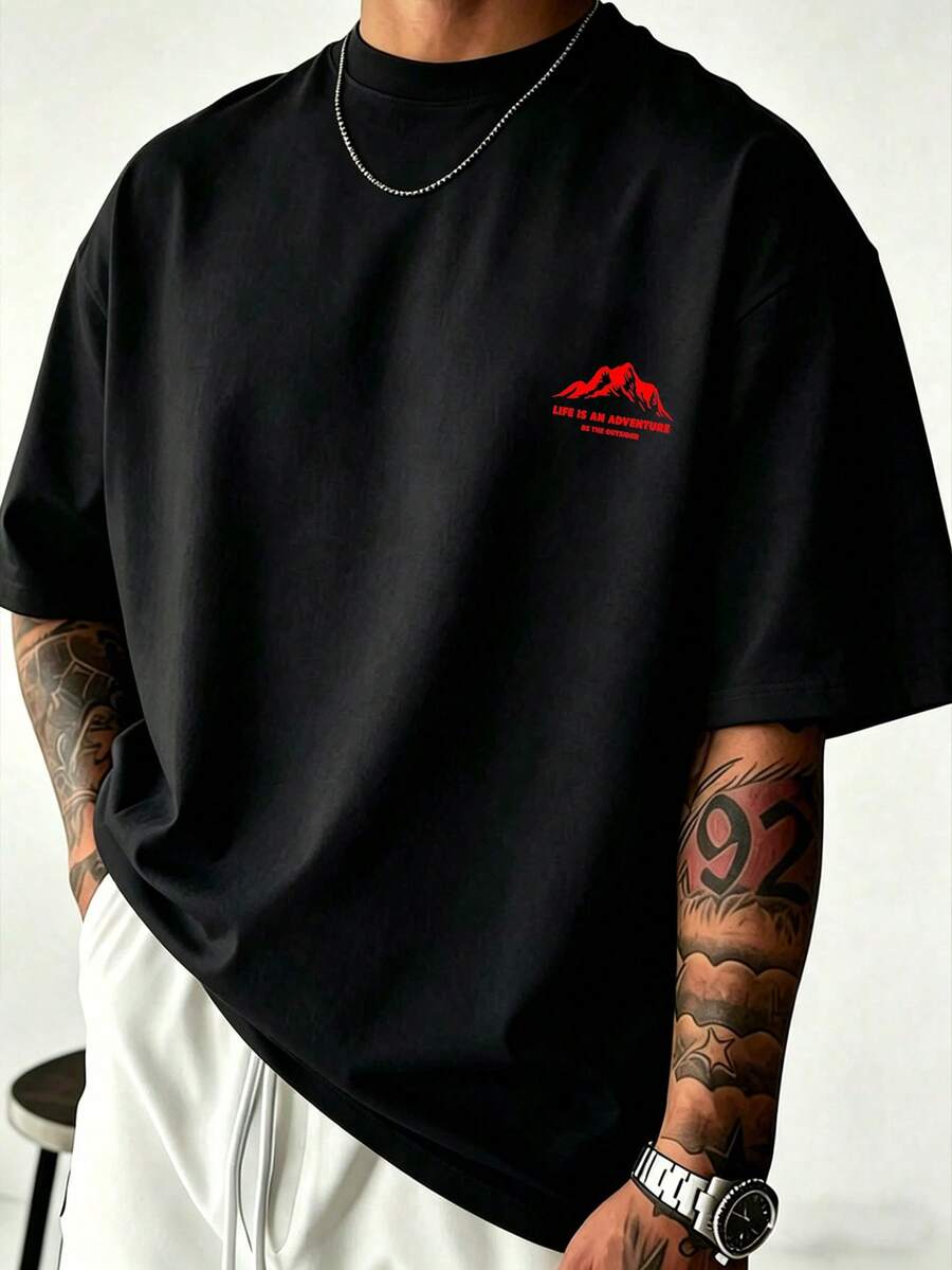 [Men's Plus Size] Men's Simple Casual Mountain Print Short Sleeve T-Shirt | Exquisite Craftsmanship | Summer Essential | Versatile And Easy To Match, Showcasing Your Style | Lightweight And Sheer Fabric, Please Consider Carefully Before Purchasing - Red - View 1