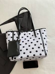 1 buah Tas Tote Nilon Polkadot Kapasitas Besar Warna Putih untuk Wanita - Putih - View 4