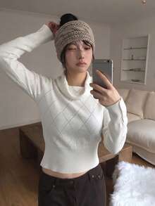 Autumn/Winter New Ruched Cowl Neck Diamond Pattern Knit Waist-Cinching Slimming Inner Layer Cropped Top - White - View 5