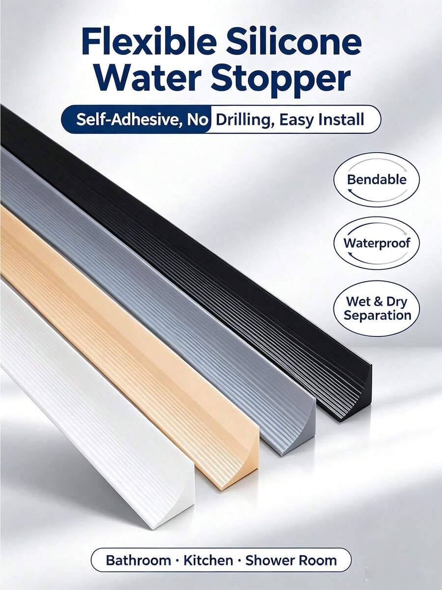 Flexible Silicone Water Barrier Strip For Bathroom Shower Floor, Self-Adhesive No-Drill Water Dam For Dry-Wet Separation