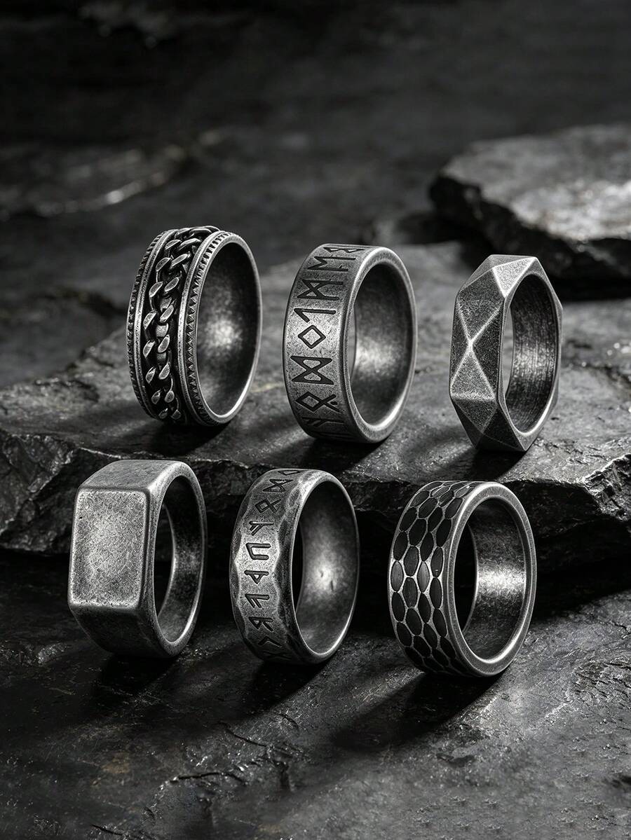 6PCS Retro Punk Antiqued Stainless Steel Men's Rings, Viking Rune Seal Chain Rings, Unique Men's Jewelry Accessories, Daily Wear Jewelry - Antique Silver - View 1