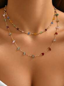 1pc Women's Multi-Layer Colorful Beaded Necklace, Gold Tone Chain Necklace, Bohemian Style Gemstone Jewelry, Exquisite Personalized Necklace, Suitable For Vacation And Party - Colorful - View 1