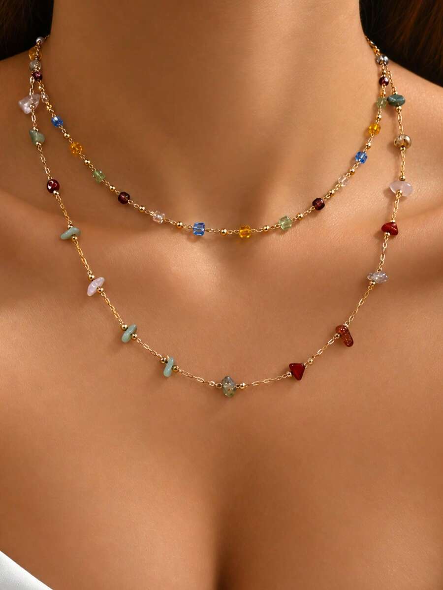 1pc Women's Multi-Layer Colorful Beaded Necklace, Gold Tone Chain Necklace, Bohemian Style Gemstone Jewelry, Exquisite Personalized Necklace, Suitable For Vacation And Party - Colorful - View 1