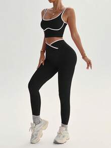 Women 2Pcs Yoga Set, Contrast Trim Crop Tank & Crisscross High Waist Leggings, Tummy Control Butt Lift Soft Stretch Outfit For Fall Winter Christmas - Black - View 4