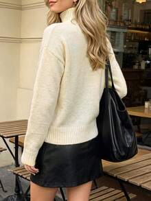 Women's Autumn/Winter Apricot High Neck Short Sweater, Long Sleeve Ribbed Knit Pullover, Suitable For Casual Daily Wear And Warm Outfits - Apricot - View 2