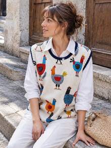 Tank Top Rajut Wanita Motif Ayam Jantan Vintage, Leher Bulat Rajut Bergaris, Potongan Reguler, Cocok untuk Musim Gugur dan Gaya Bohemian - Aprikot - View 6