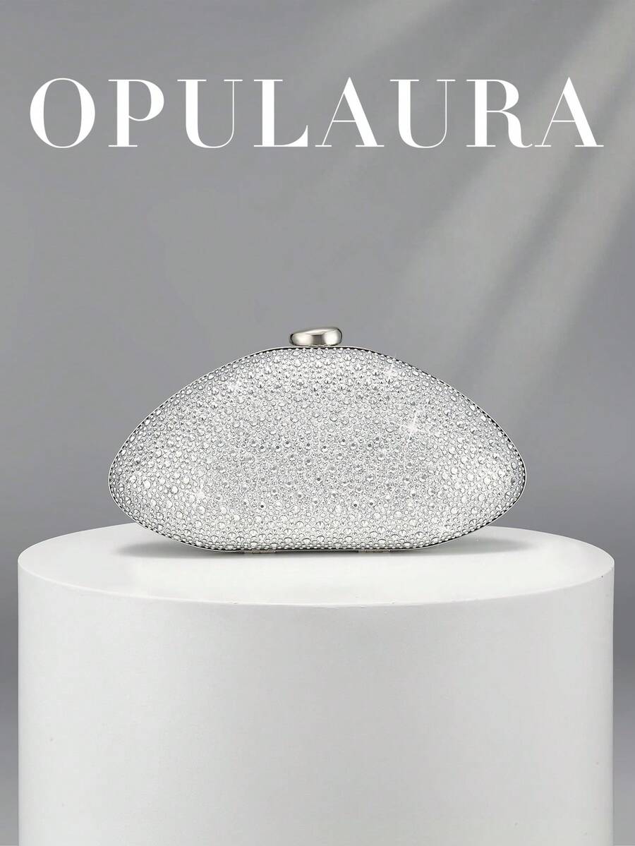 OpulAura 女款極簡貝殼盒型奢華閃亮水鑽晚宴手拿包，優雅迷人的晚禮服包，閃耀夜用女款手提包，雞尾酒會包，正式派對包，浪漫婚禮附鍊條手拿包 - 銀色 - 查看 1