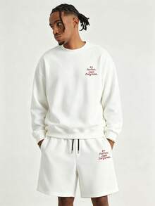 Men's Spring/Autumn Minimalist Rose Red Letter Print Crew Neck Long Sleeve Sweatshirt And Shorts Casual Set - White - View 2