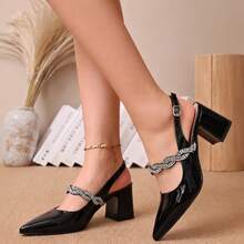 Women's Black Pointed Toe Slingback High Heels, Twisted Rhinestone Decor Strap With Chunky Square Heel, Elegant Evening Dress Pumps - Black - View 7