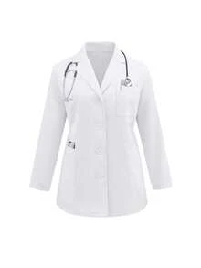 Plus Size Women's Long Sleeve Open Front Lapel 3 Pockets White Coat Regular Fit - White - View 9