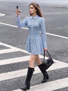 Women's Elegant Plaid Shirt Short Dress, Collared Long Sleeve Ruched Cinched Waist A-Line Skirt, Suitable For Daily Outings And Commuting - Baby Blue - View 7