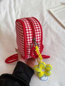 1pc Girls Apple Plaid Nylon Zipper Closure Cute Crossbody Bag Suitable For All Seasons Daily Use Without Pendant - A - View 5