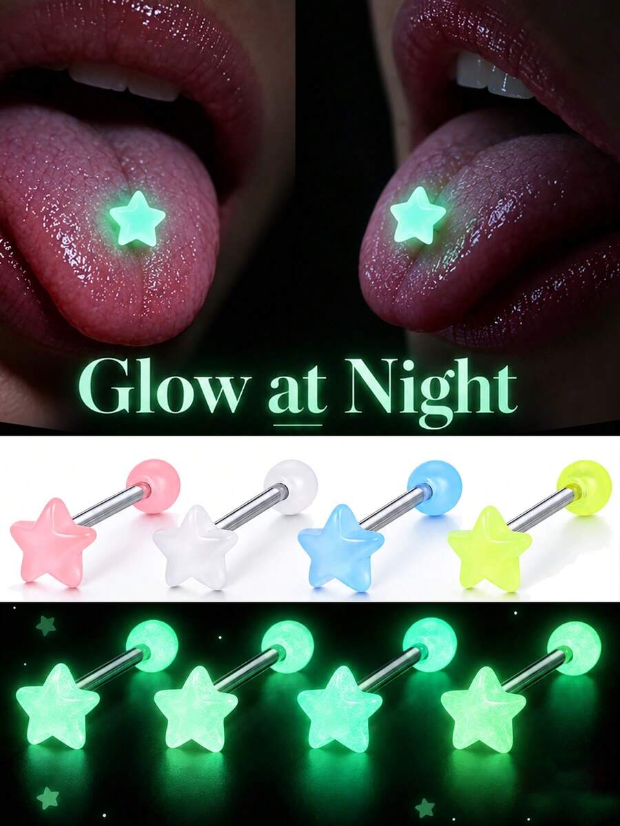 4 Buah Cincin Lidah Berwarna-warni Bercahaya dalam Gelap Bentuk Hati dan Bintang, Terbuat dari Baja Bedah 316L, Hipoalergenik, Perhiasan, Hadiah Halloween - MultiWarna - View 1