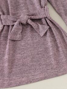 2pcs Baby Girl Soft Comfortable Half-High Neck Ruffle Edge Button Decor Long Sleeve A-Line Dress With Detachable Waist Tie, Spring/Autumn - Mauve Purple - View 7