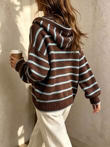 Women's Fall Winter New Arrival Round Neck Drop Shoulder Retro Colorblock Striped Hoodie, Casual Loose-Fitting Knit Sweater With Drawstring - Blue - View 3