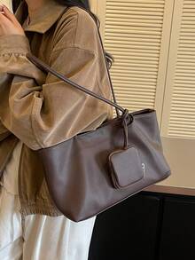 Vintage Brown Tote Bag With Small Square Pouch, Minimalist Large Capacity, Practical Commuter Women's Shoulder Bag - Coffee - View 8