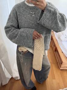 Women's Autumn/Winter New American Vintage Lazy Soft Oversized Wide Sleeve Sweater, Loose Slimming Round Neck Knit Top, Casual Versatile Blouse For Shopping - Grey - View 7