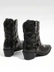 weiweiting Vintage European And American Style Black Pointed Toe Embroidered Western Cowboy Boots For Women, 2026 Autumn/Winter New Arrival Rivet Belt Buckle Chunky Heel Ankle Boots For Holiday - Black - View 4