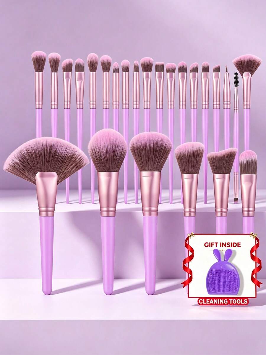 25pcs And 1pc Gift Makeup Brushes Set, Soft Dense Cosmetic Brushes For Foundation Powder Blush Eyeshadow Concealer Contour Highlight, Complete Face & Eye Makeup Brush Kit, Handles For Makeup Beginners And Daily & Party Makeup Application - Purple - View 1
