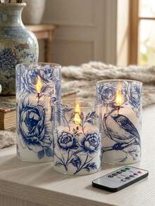 Blue & White Floral Bird Porcelain Electronic Candles LED Simulated Flame Candles With Remote Control Timer 3pcs Set Smokeless Electronic Candles For Holiday Party / Wedding Decor / Home Atmosphere Decoration - Warm White Light - View 1