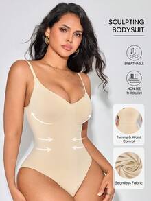 Women's Minimalist Solid Color Tummy Control Waist Shaping Bodysuit, Suitable For Layering And Innerwear - Apricot - View 1