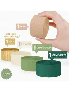 5 Rolls, 1000 Inches Per Roll, Sage Green And Gold Crepe Paper Ribbon, Suitable For Birthday, Camping, Bridal Shower, Wedding, Bachelorette Party, Engagement Forest Theme Party Decoration - Multicolor - View 3
