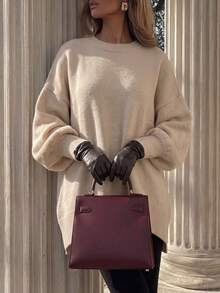 Women's Ribbed Hem Solid Color Asymmetric Loose Pullover Sweater Long Sleeve Knit Top, Suitable For Autumn Wear - Apricot - View 2